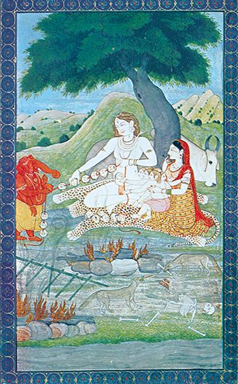 康格拉绘画:湿婆与南帝和家庭